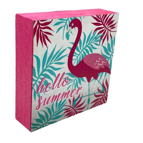 Hello Summer Flamingo Wooden Block Wall Art 6x6 Inches Tropical Decor Pink Green - Picture 3 of 9